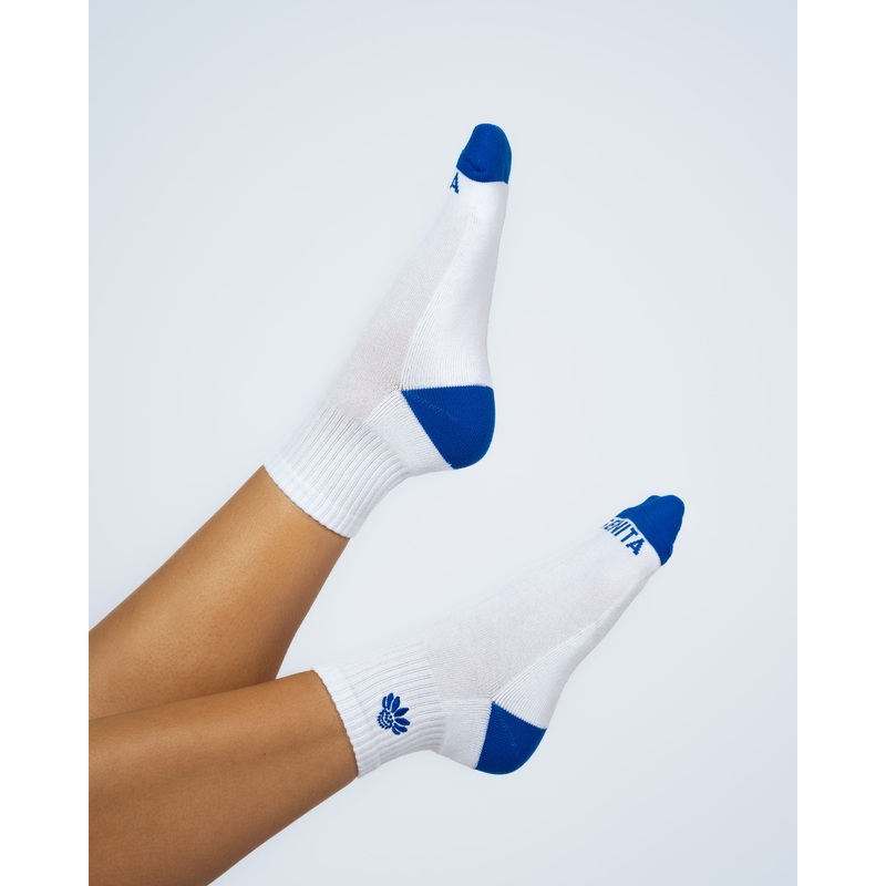 Senita Crew Socks – White/Cobalt