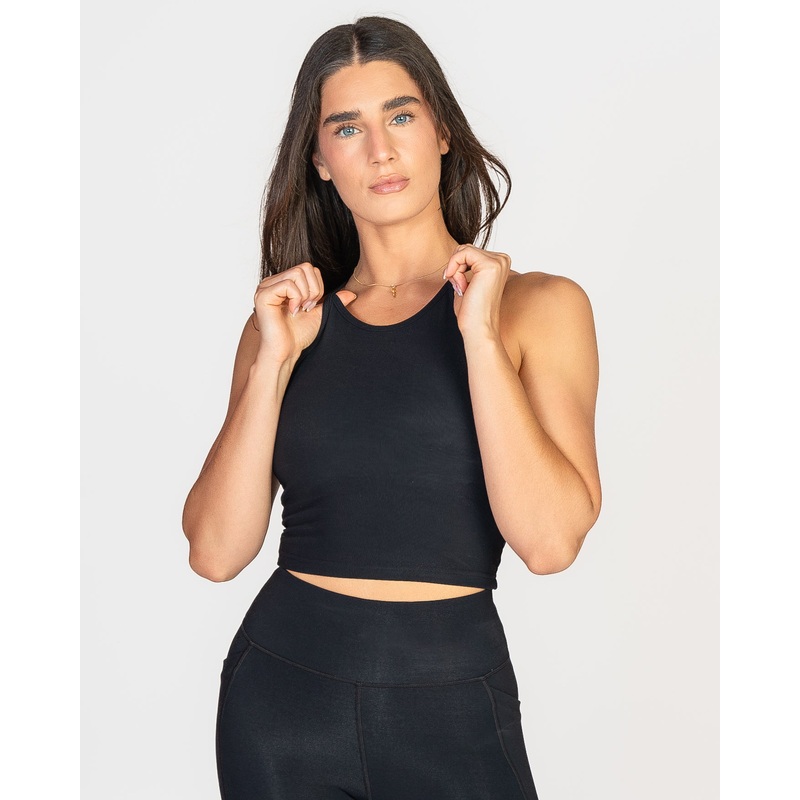 Ribbed Thin Strap Crop Tank – Black