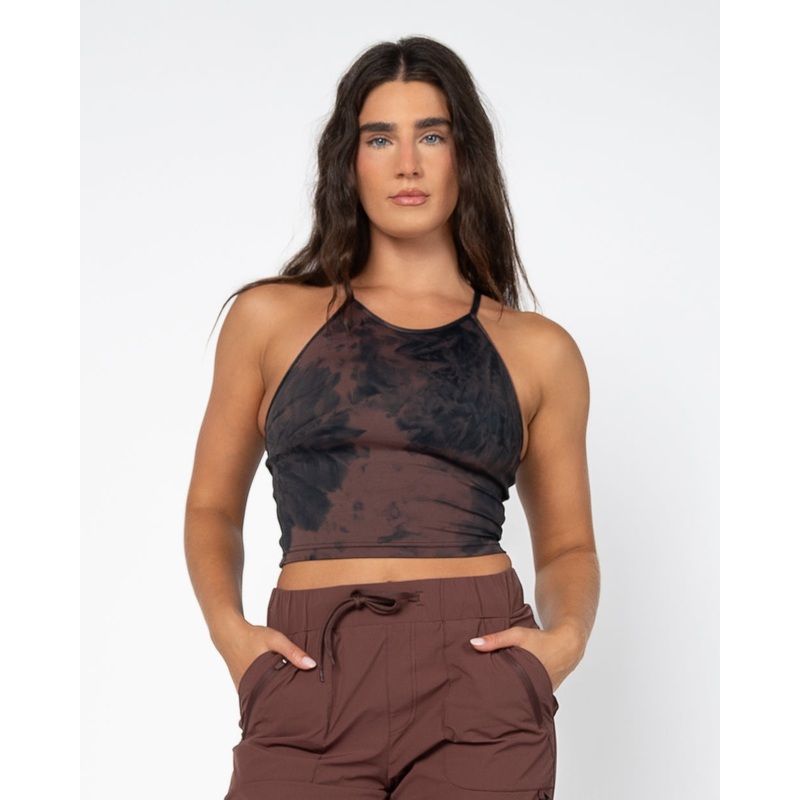 Lux Thin Strap Crop Tank – Fossil/Black Tie Dye