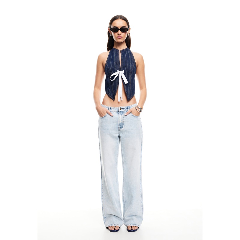 BUTTERFLY TIE TOP – DARK DENIM STRIPE