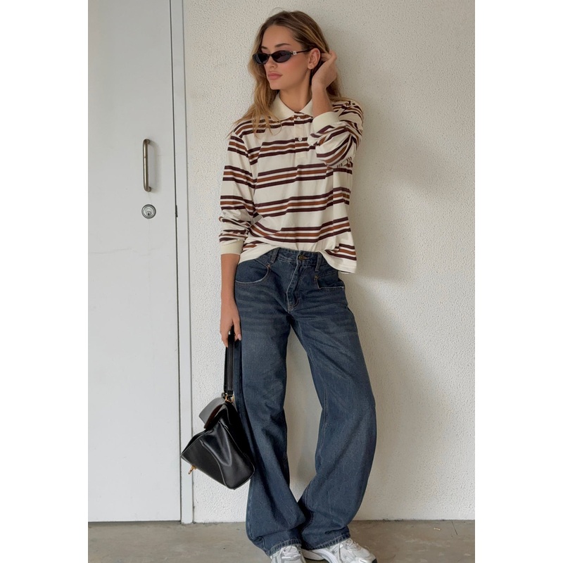 LEISURE LONG SLEEVE POLO – COFFEE STRIPE