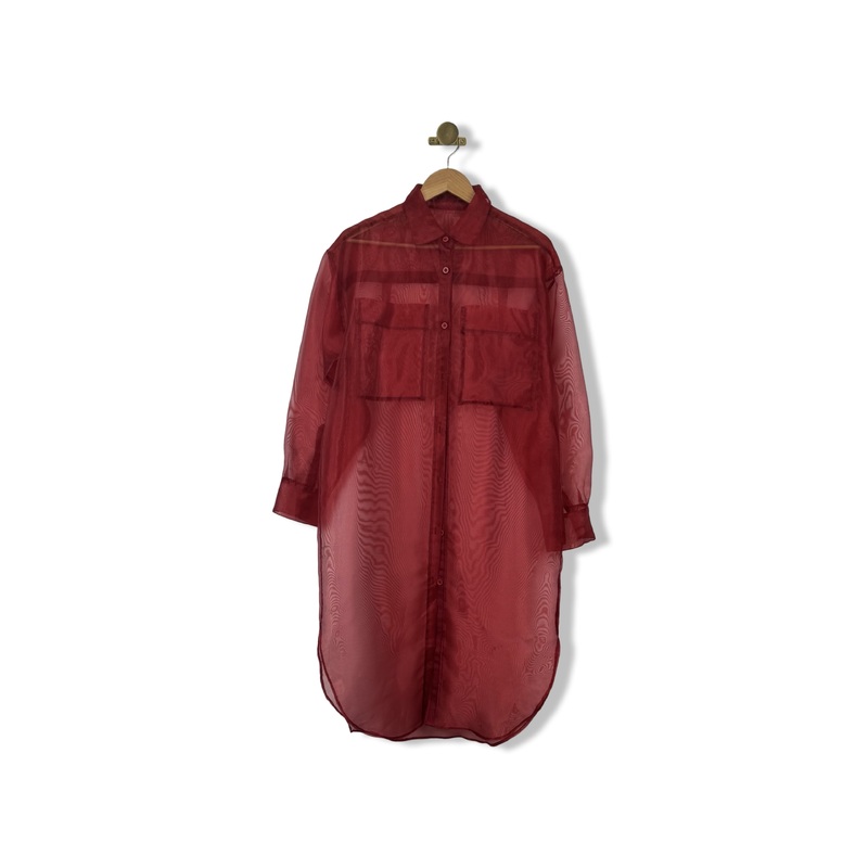 GSTQ Sheer Collared Button Down Maxi Dress