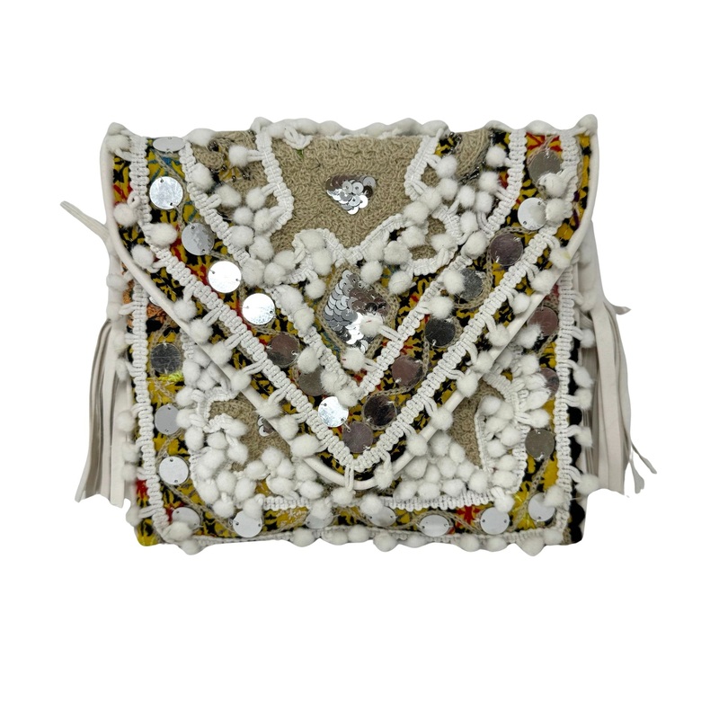 Shashi Small Metal Disc and Pom Pom Crossbody Bag