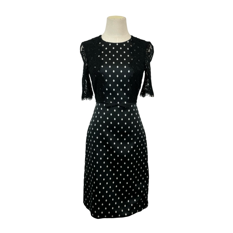 Giambattista Valli Black and White Polka Dot Embroidered Midi Dress with Lace Sleeves