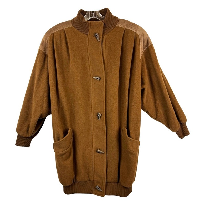Vintage Lorovi Horn Button Leather Accent Wool Cocoon Coat