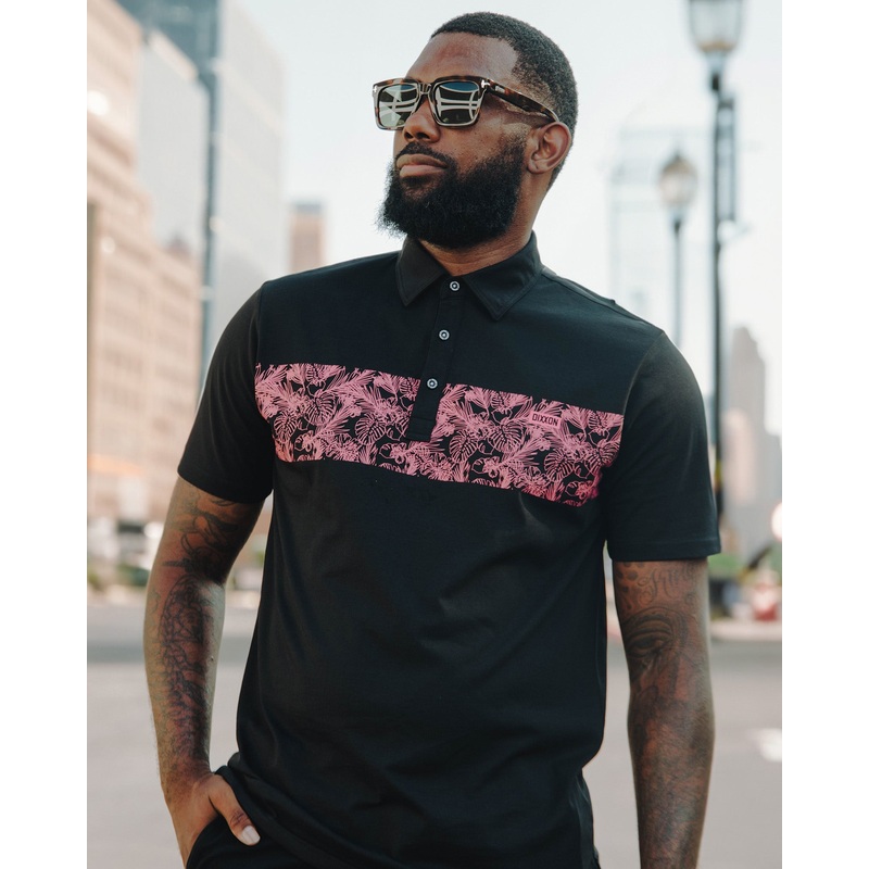 Coral Floral Premium Polo – Black