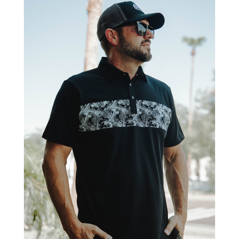 White & Black Floral Premium Polo – Black