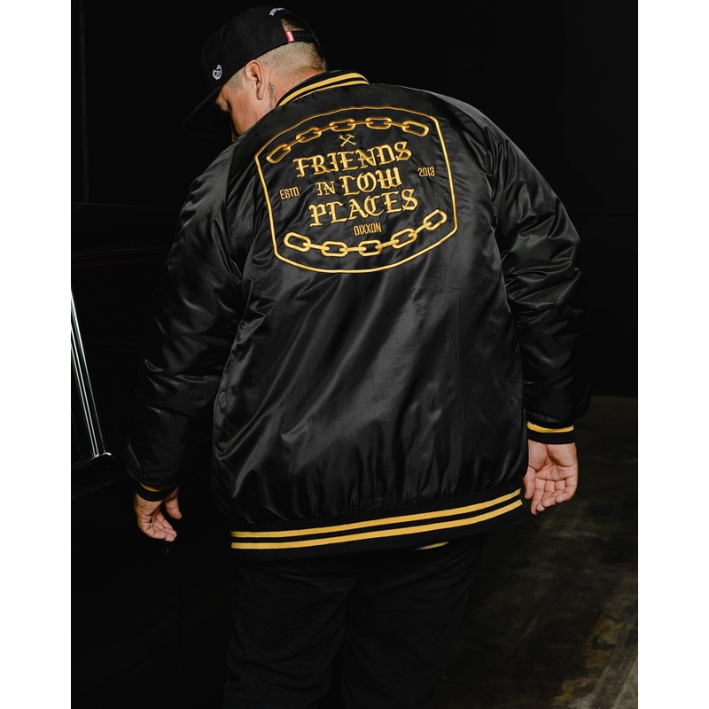 Friends in Low Places Nylon Varsity Jacket – Black