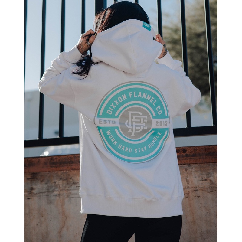 Women’s Tiffany Work Hard Badge Zip Up Hoodie – White