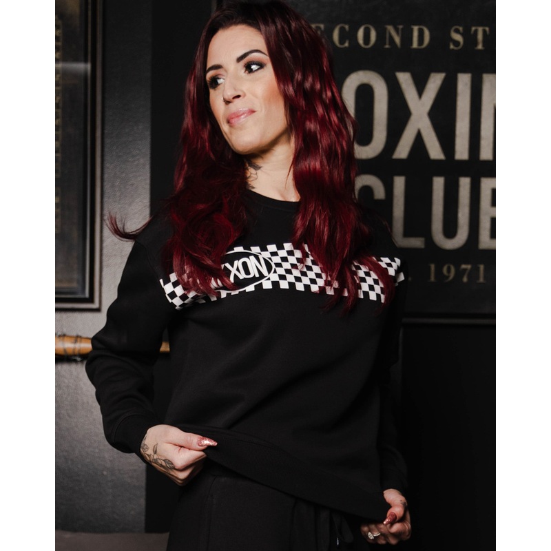 Women’s White Checkers Crewneck Sweatshirt – Black