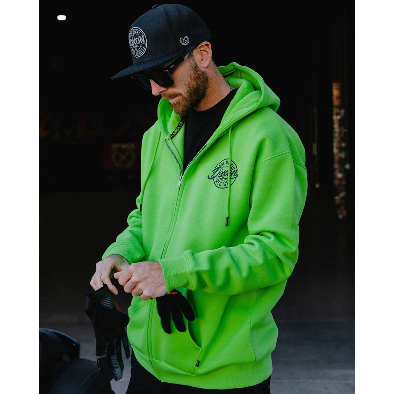 Black MFG Badge Zip Up Hoodie – Safety Green