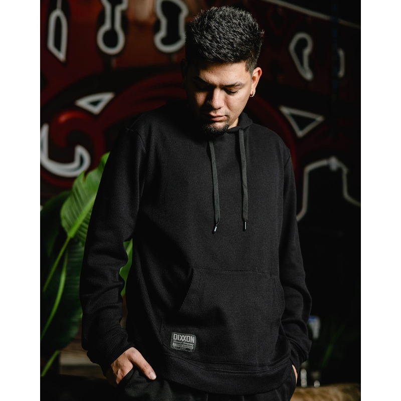 Waffle Knit Pullover Hoodie – Black
