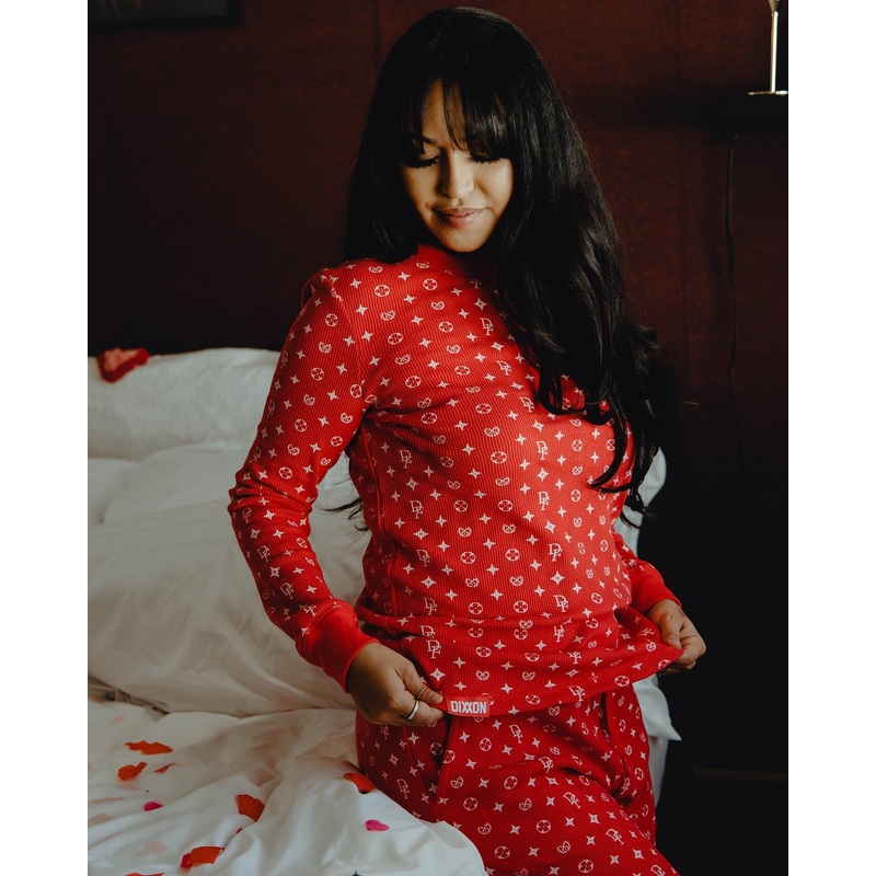 Women’s Waffle Knit Long Sleeve Tee – Red & White Bougie
