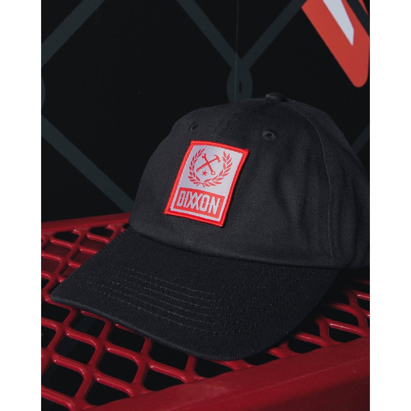 6-Panel Curved Bill Box Crest Hat – Red & Black