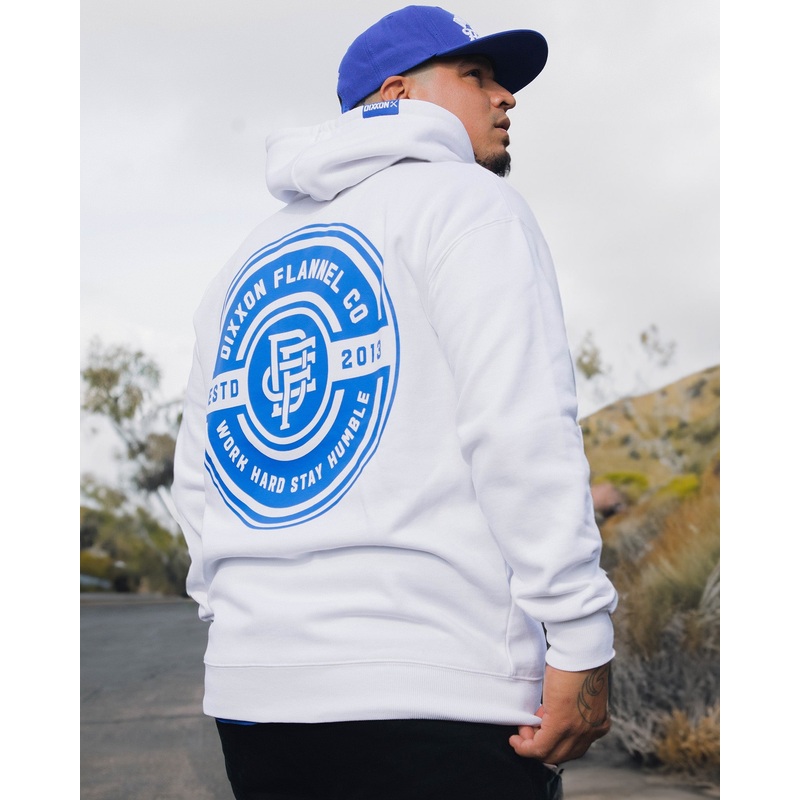 Blue Work Hard Badge Zip Up Hoodie – White