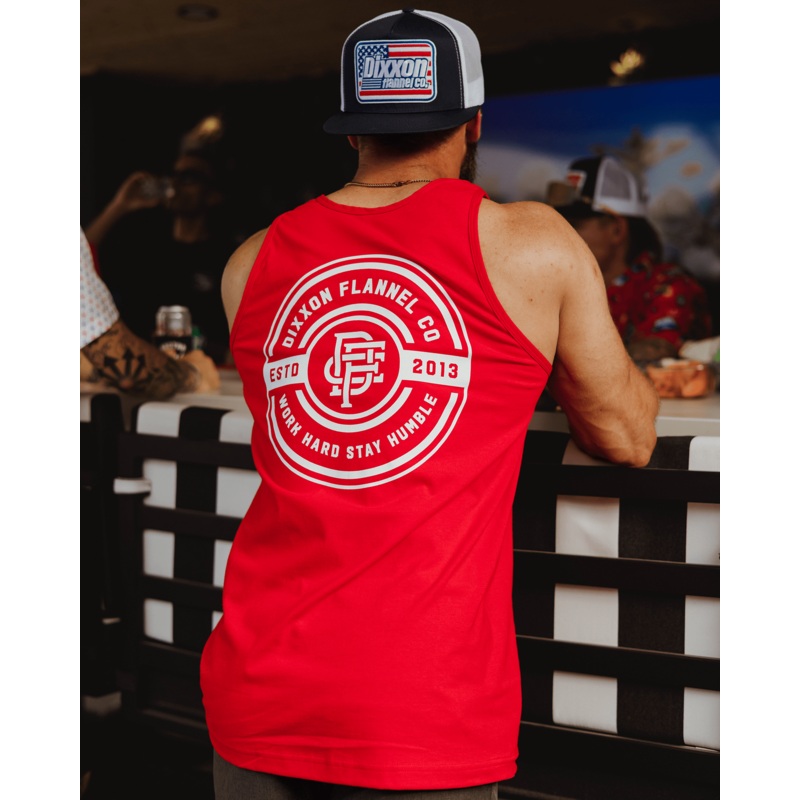 White Work Hard Badge Tank – Red
