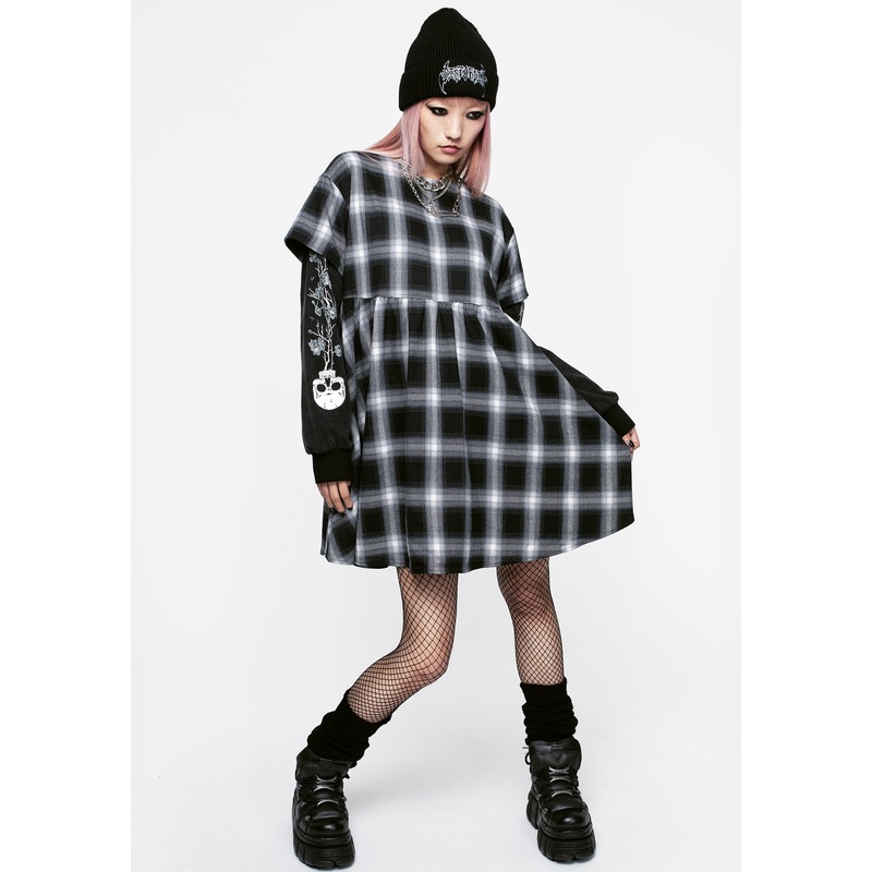 Hypnos Layered Sleeve Check Mini Smock Dress