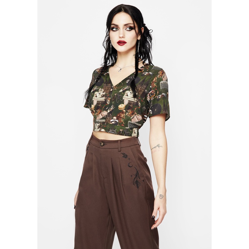 Maleficium Printed Button Up Crop Top