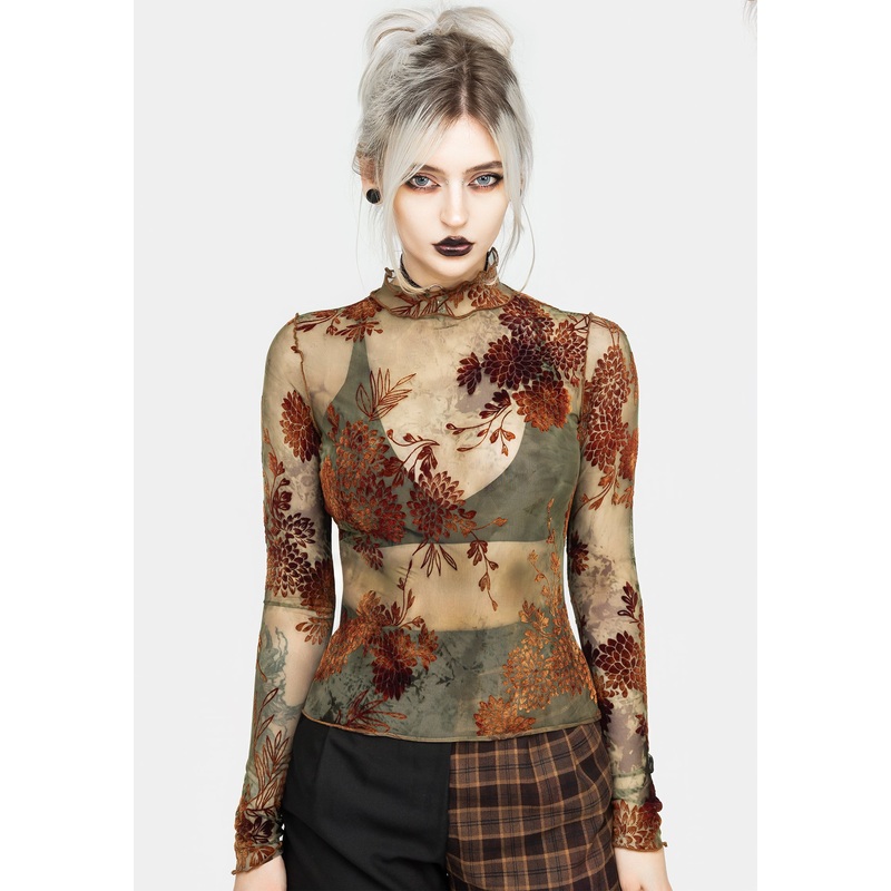 Rosaleigh Flock Velour Mesh Long Sleeve Top