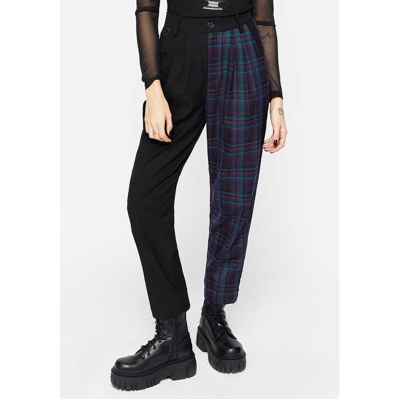 Stereo Spliced Check High Waist Tapered Trousers