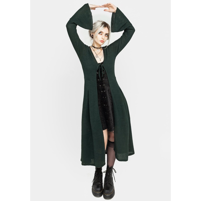Xana Textured Tie Front Long Cardigan – Green