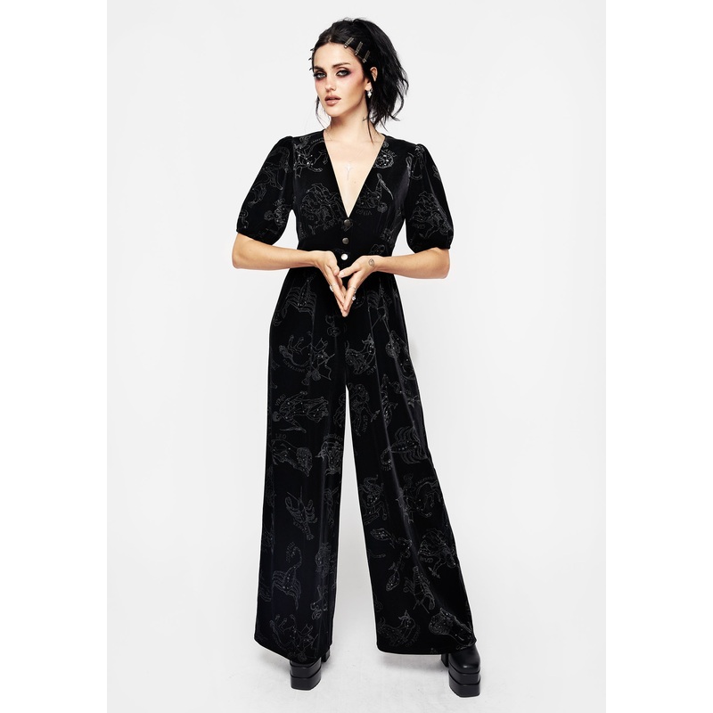 Zodiac Foil Print Button Front Velour Jumpsuit