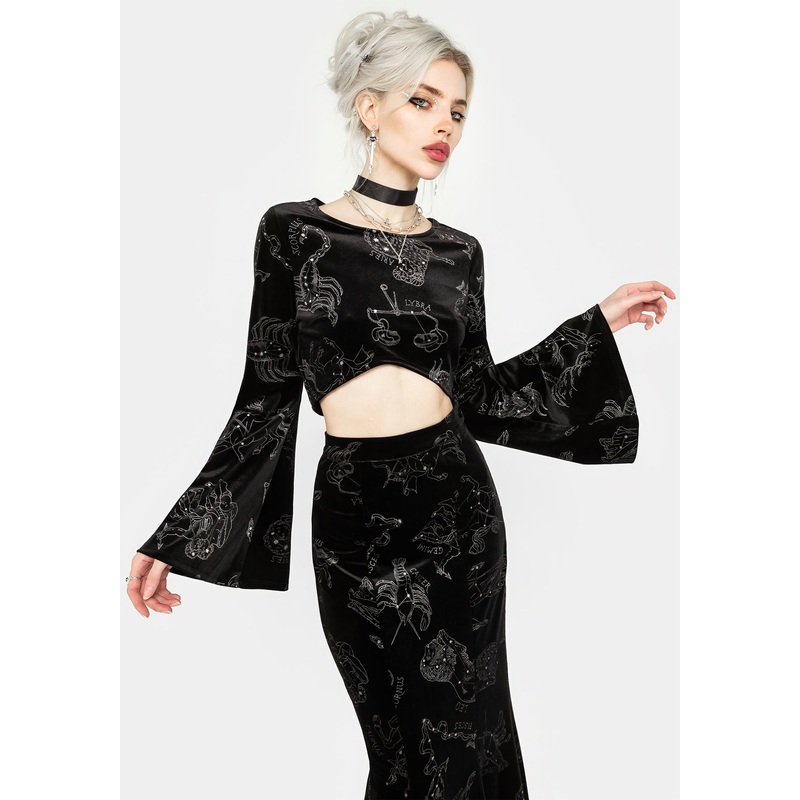 Zodiac Foil Print Flute Sleeve Crop Top