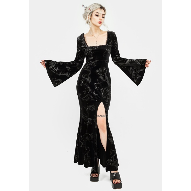 Zodiac Foil Print Velour Flute Sleeve Maxi Gown