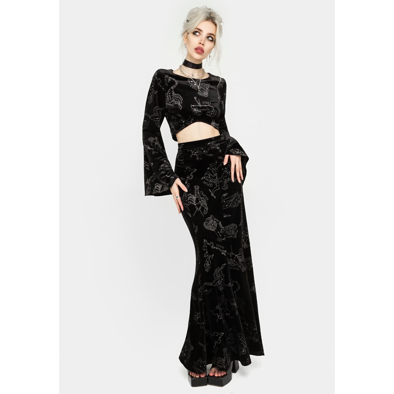 Zodiac Foil Print Velour Mermaid Maxi Skirt