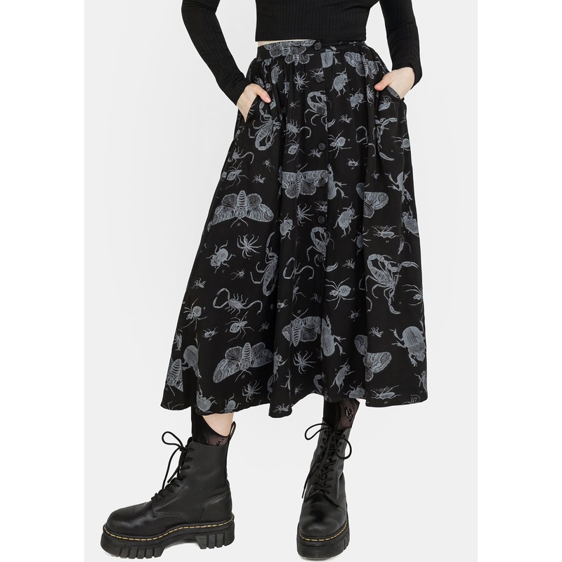 Parasite Bugs Button Front Midi Skirt – Black