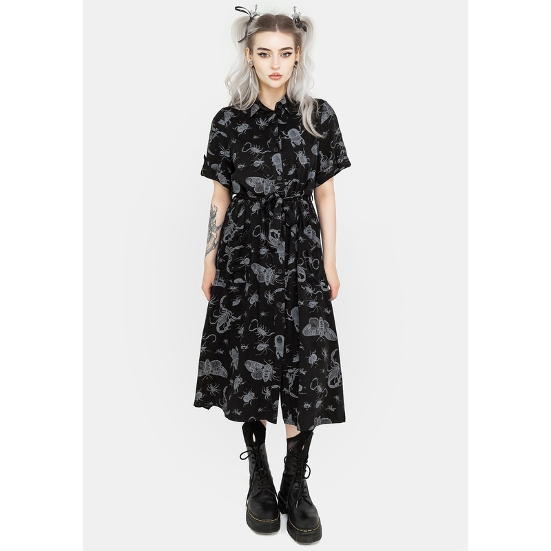 Parasite Bugs Short Sleeve Midi Shirt Dress – Black
