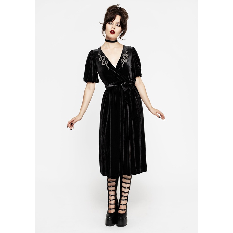 Zarina Embroidered Midi Wrap Dress – Black