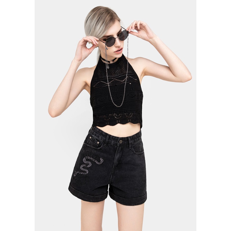 Heroica Embroidered Denim Mom Shorts