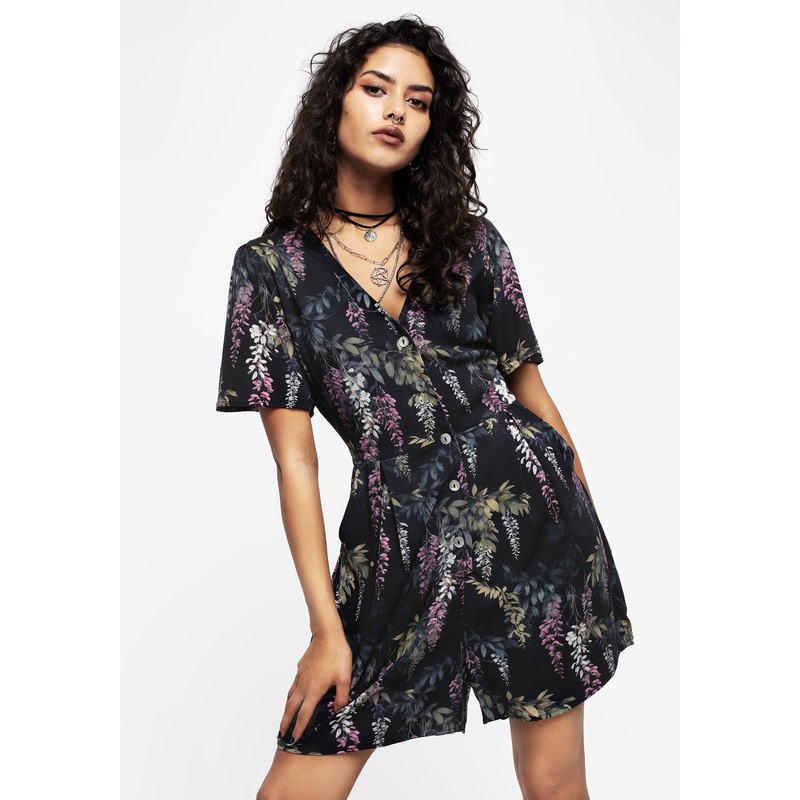 Wisteria Floral Print Button Up Playsuit