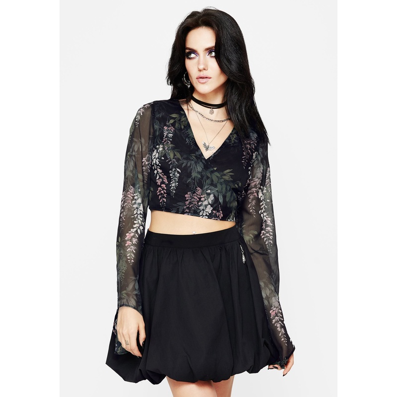 Wisteria Floral Print Chiffon Bell Sleeve Wrap Tie Top