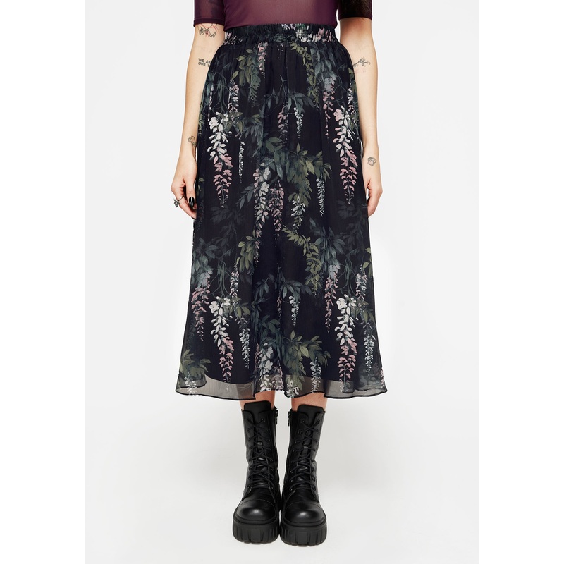 Wisteria Floral Print Chiffon Midi Skirt