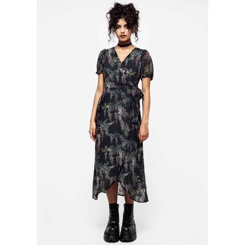 Wisteria Floral Print Chiffon Midi Wrap Dress