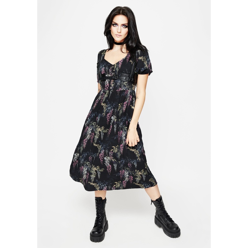 Wisteria Floral Print Puff Sleeve Midi Dress