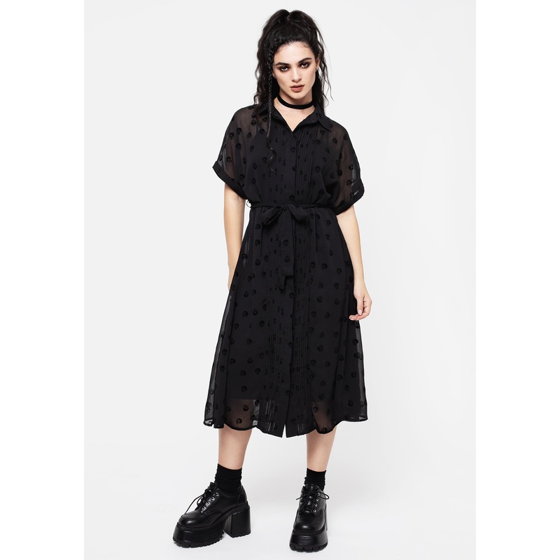 Bones Flocked Pintuck Chiffon Midi Shirt Dress