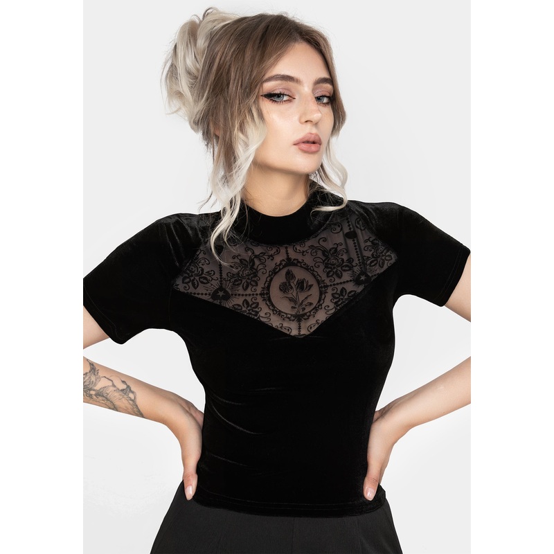 Cameo Floral Flocked Mesh Velour High Neck Top