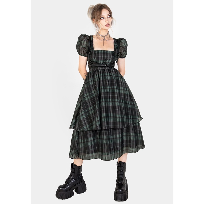 Checkmate Puff Sleeve Layered Organza Midi Dress