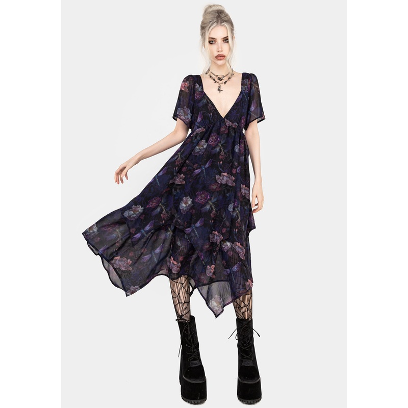 Dragonfly Floral Print Chiffon Handkerchief Hem Dress