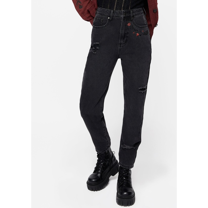 Foxfire Embroidered Distressed Mom Jeans