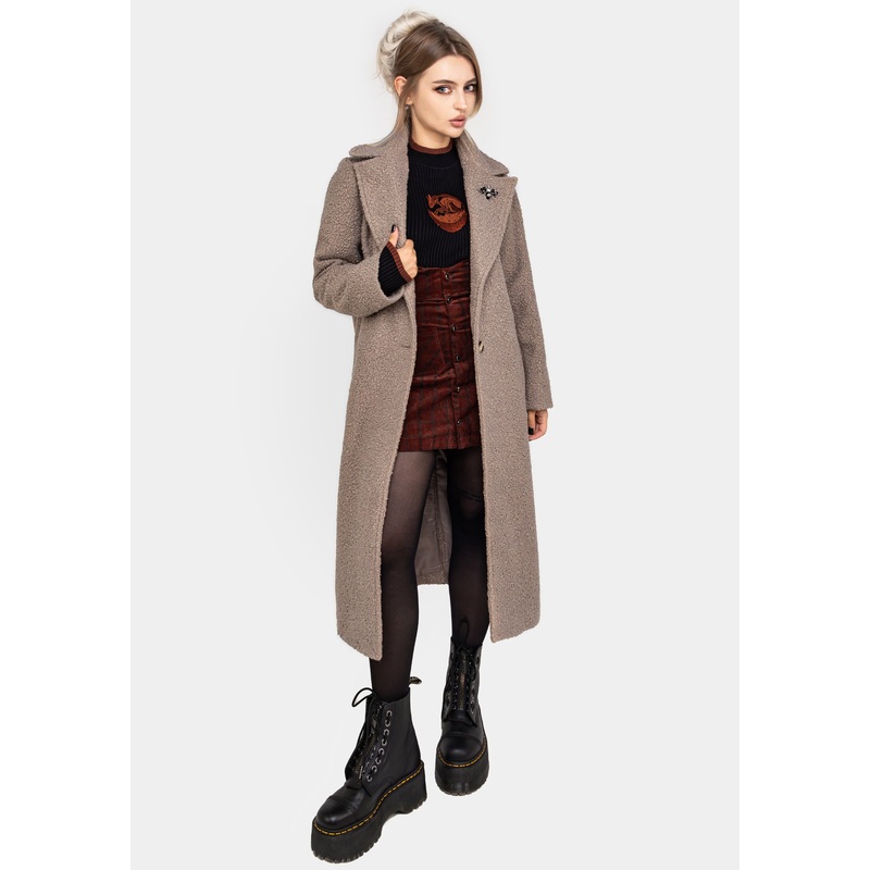 Gorgon Boucl Longline Oversized Coat with Bee Brooch – Taupe