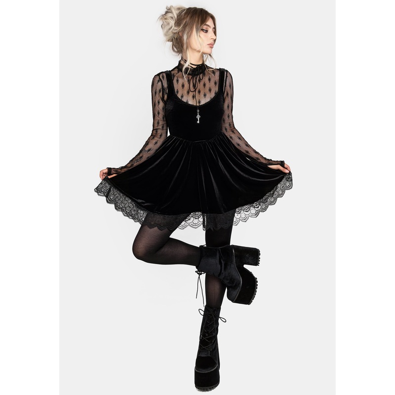 Orbweb Lace Hem Velour Mini Dress