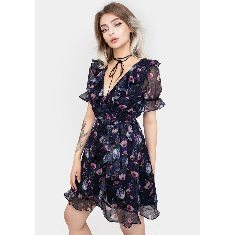 Socordia Floral Moon Chiffon Frill Wrap Mini Dress