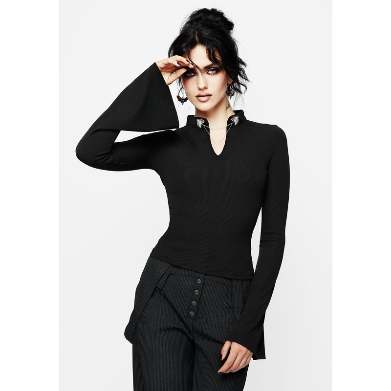 Styx Moth Choker Collar Flare Sleeve Top