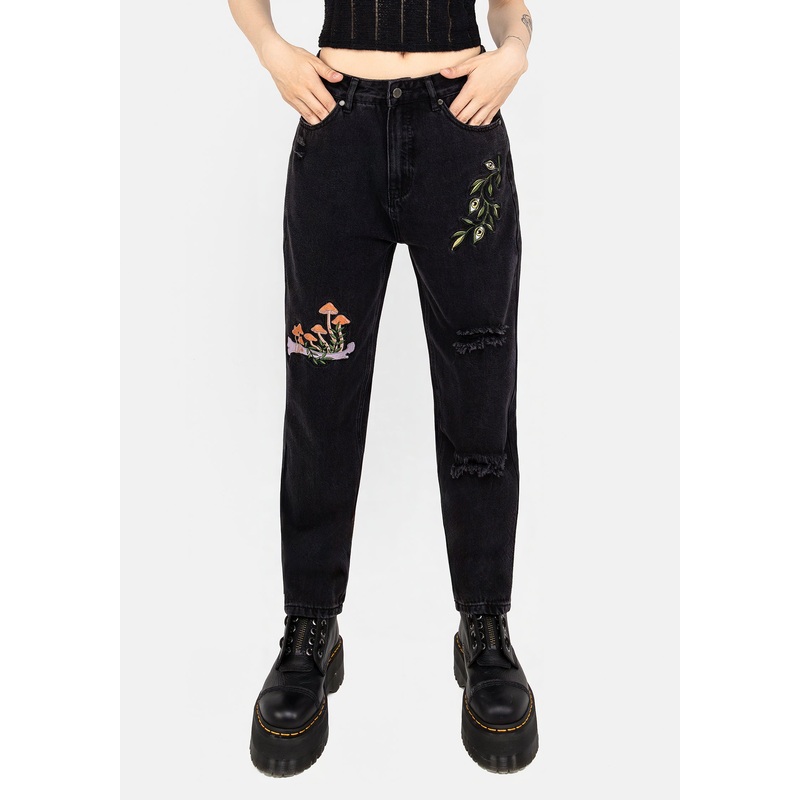 Swamplife Frog Embroidered Distressed Mom Jeans