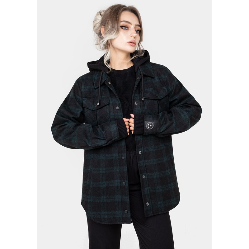 Trellis Hooded Pocket Wool Blend Check Shacket