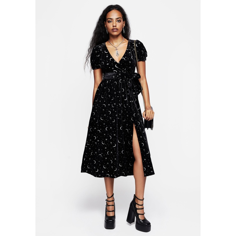 Constellation Glitter Print Velour Midi Wrap Dress